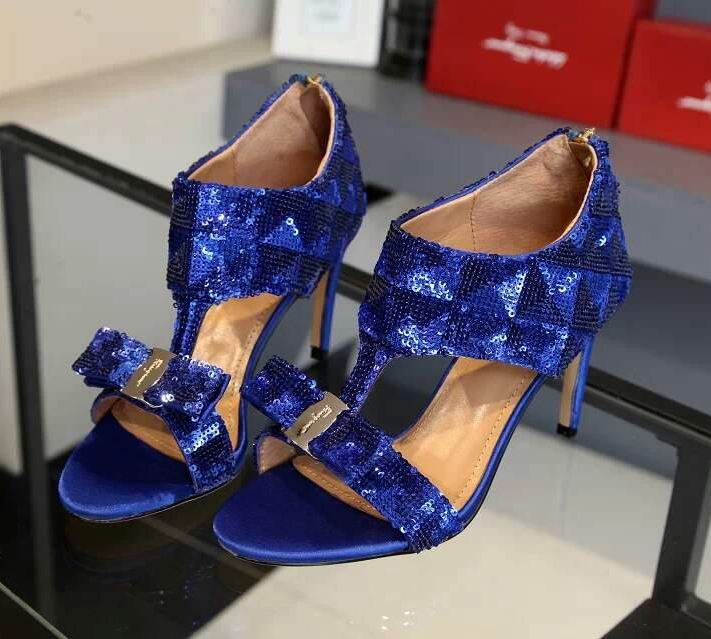 Ferragamo Ankle-Strap Sequins Vara Women Sandals Blue