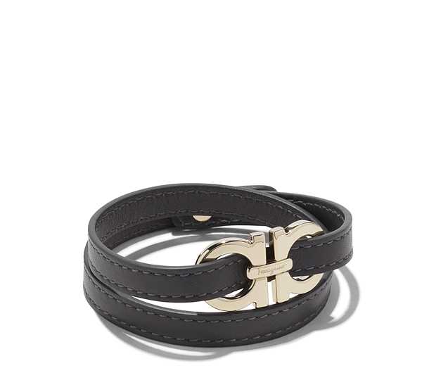Salvatore Ferragamo Men Double Wrap Leather Bracelet With Gancini